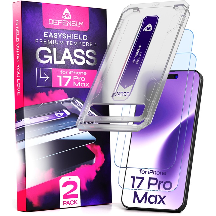 Set 2 Folii sticla compatibil cu iPhone 17 PRO MAX / iPhone 18 Pro Max, 6.9", DefenSlim, instalare usoara si rapida cu dispozitiv de potrivire automata in 30 sec cu Easy Install Kit patentat, protectie telefon