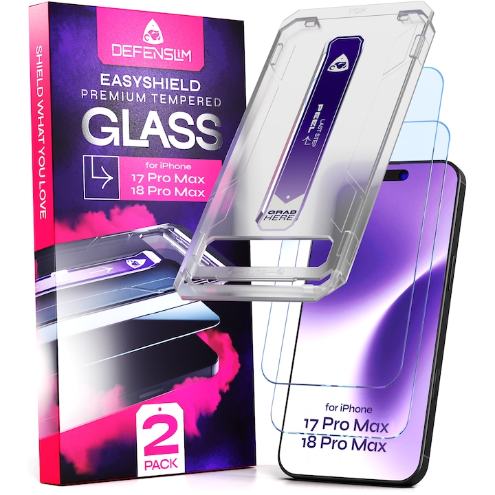 Set 2 Folii sticla compatibil cu iPhone 17 PRO MAX / iPhone 18 Pro Max, 6.9", DefenSlim, instalare usoara si rapida cu dispozitiv de potrivire automata in 30 sec cu Easy Install Kit patentat, protectie telefon