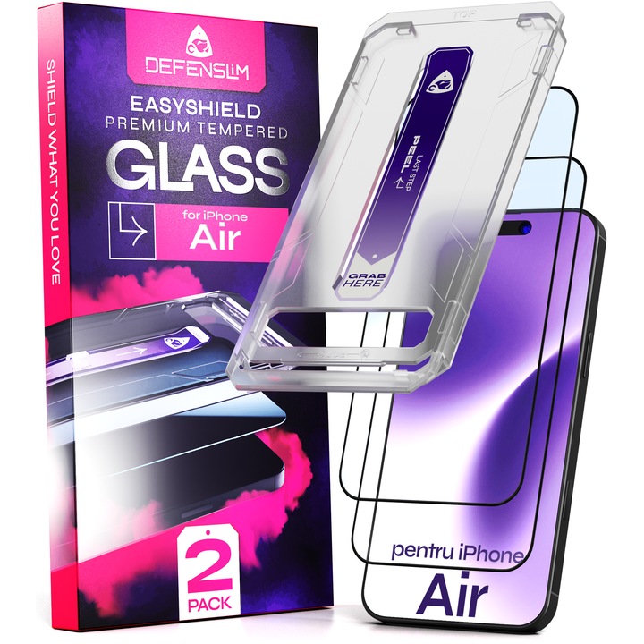 Set 2 Folii sticla compatibil cu iPhone AIR, 6.5", DefenSlim, instalare usoara si rapida cu dispozitiv de potrivire automata in 30 sec cu Easy Install Kit patentat, protectie telefon