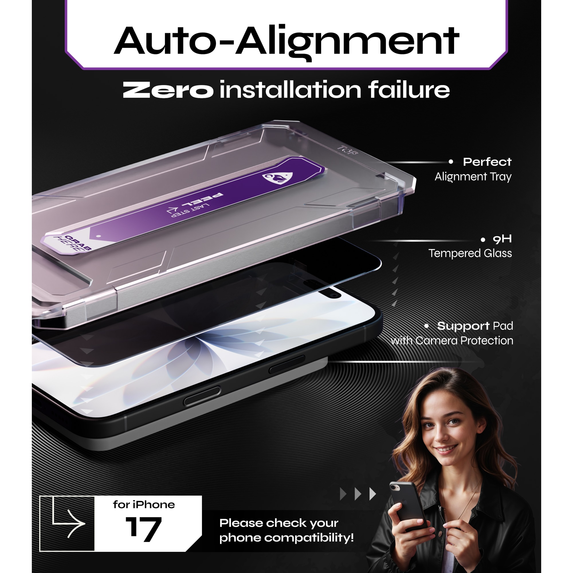 Set 2 Folii sticla Privacy pentru iPhone 17, 6.3", DefenSlim, Privacy Glass, montaj rapid 30 sec cu Easy Install Kit