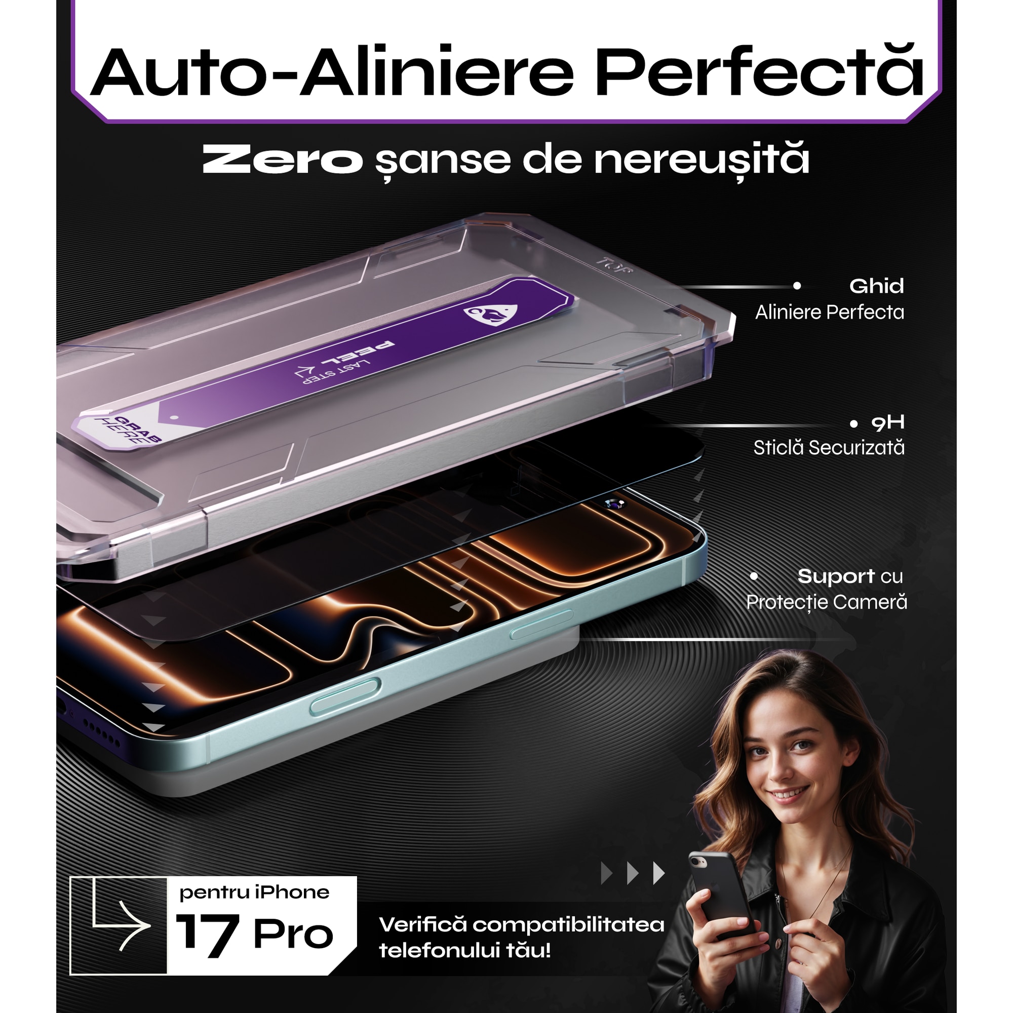Set 2 Folii sticla Privacy pentru iPhone 17 PRO, 6.3", DefenSlim, Privacy Glass, montaj rapid 30 sec cu Easy Install Kit