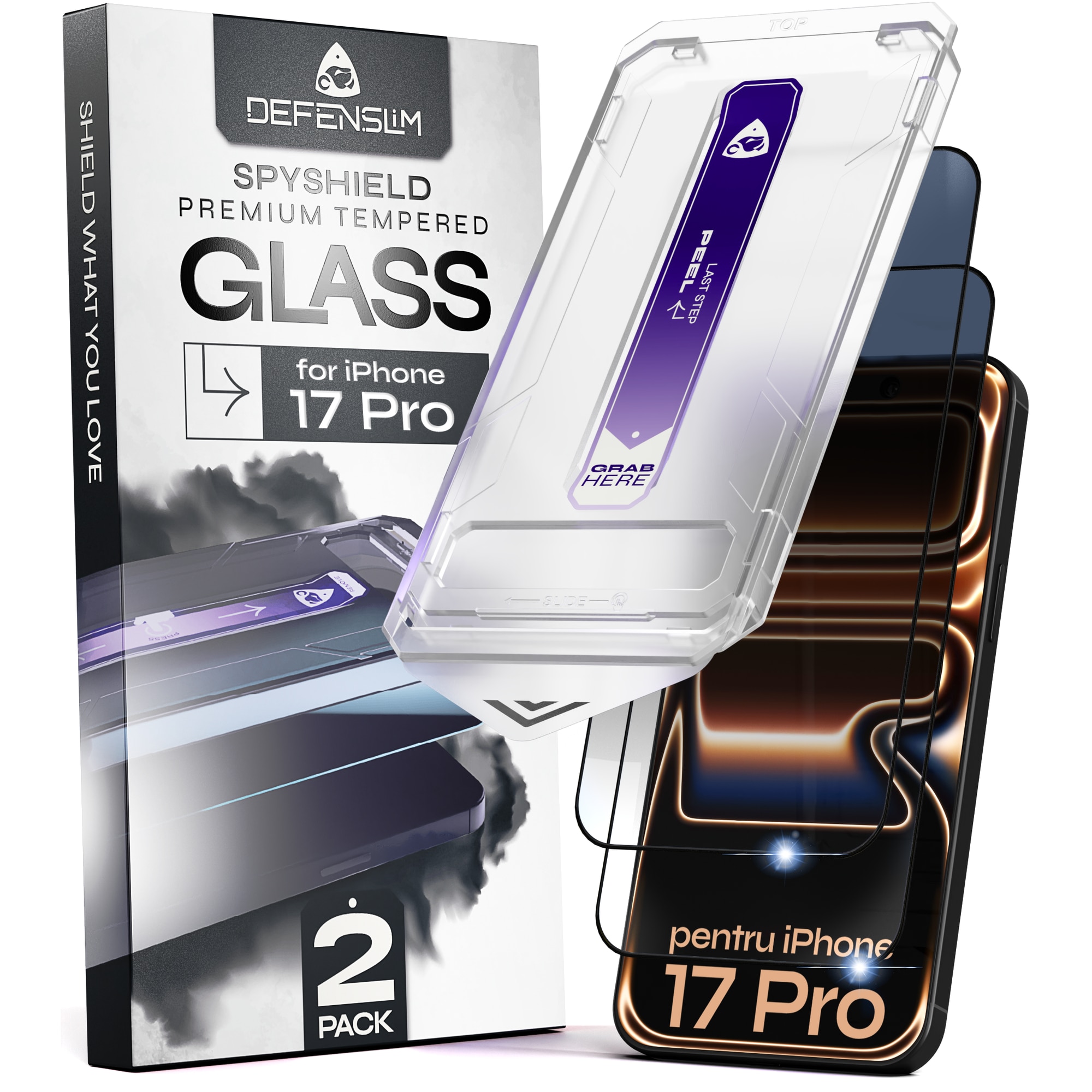 Set 2 Folii sticla Privacy pentru iPhone 17 PRO, 6.3", DefenSlim, Privacy Glass, montaj rapid 30 sec cu Easy Install Kit