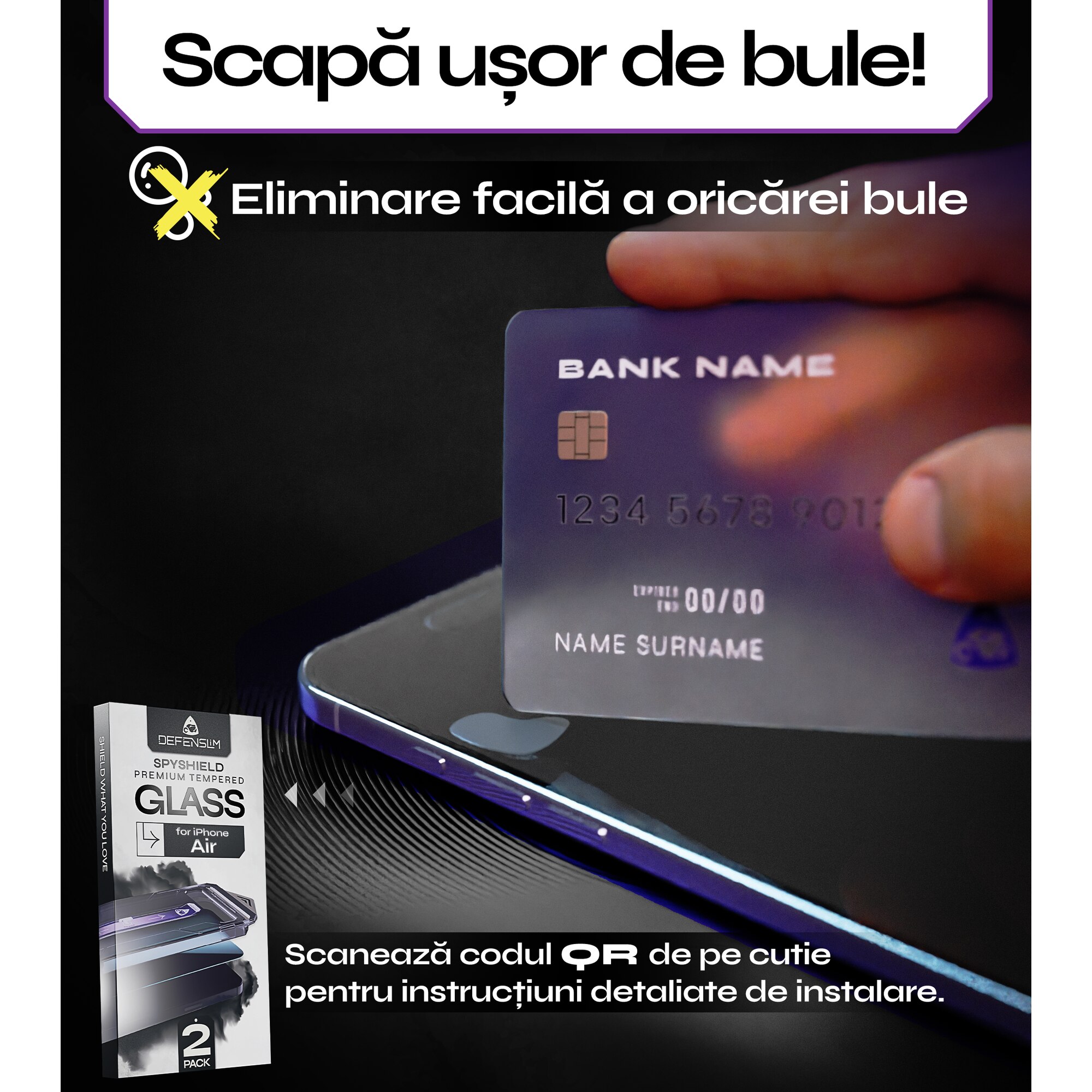 Set 2 Folii sticla Privacy pentru iPhone AIR, 6.5", DefenSlim, Privacy Glass, montaj rapid 30 sec cu Easy Install Kit