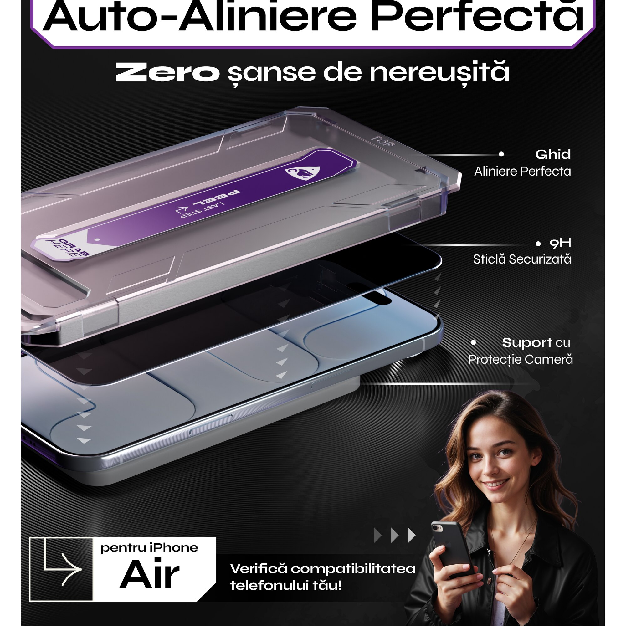 Set 2 Folii sticla Privacy pentru iPhone AIR, 6.5", DefenSlim, Privacy Glass, montaj rapid 30 sec cu Easy Install Kit