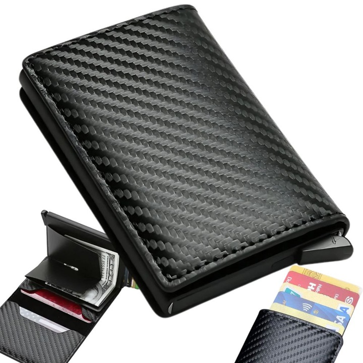 Унисекс портфейл, WTO®, предотвратява измамни, случайни плащания или кражба на данни, екокожа, 10x6.5x2 см, специален и елегантен дизайн, черен