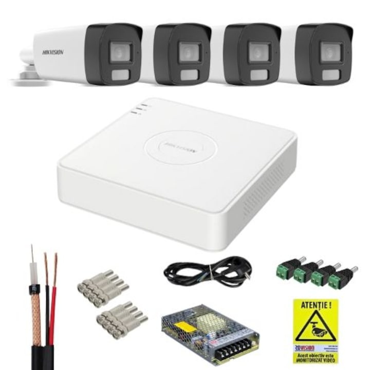 Kit supraveghere video Hikvision 5MP, cu 4 camere 5MP de exterior/interior si HDD 1 TB cu accesorii montaj MK346