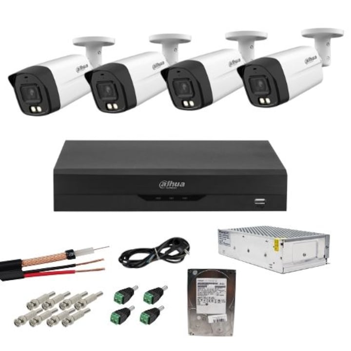 Sistem supraveghere analog Dahua 4 camere 2MP Full HD, IR 80m, SmartIR, cu DVR 4 canale + 6 canale IP, inregistrare 5MP, compresie H.265+, accesorii montaj