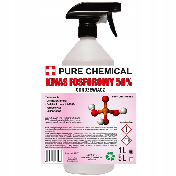 Set Odrazuitor si Ambalaj Rezistent La Substante Chimice si Pulverizator, Chosa, Pure Chemical,1 Litru, 50% Acid Fosforic, Tip Lichid, Inchidere Reutilizabila
