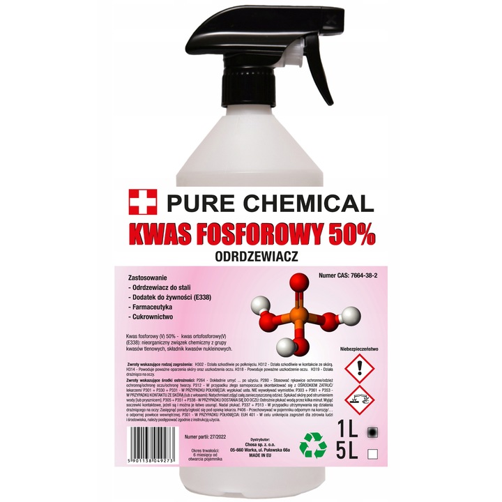 Vegyszerálló csomagolás és szórófej készlet, Chosa, tiszta vegyszer, 1 liter, 50% foszforsav, folyékony típus, újrafelhasználható kupak