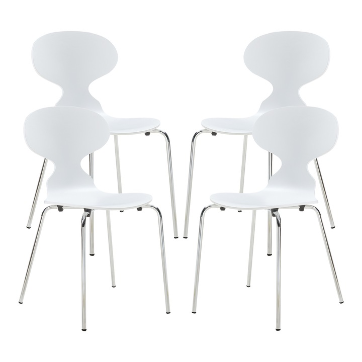 Set 4 scaune bucatarie, en.casa, Kil, 80 x 47 x 48 cm, lemn, metal, alb, crom