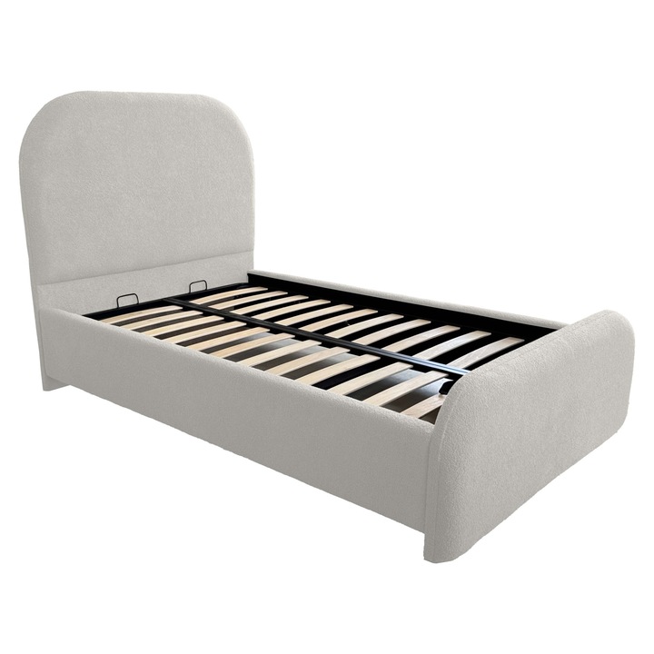 Pat tapitat TEDDY cu spatiu de depozitare si somiera rabatabila alb crem E02 160x200