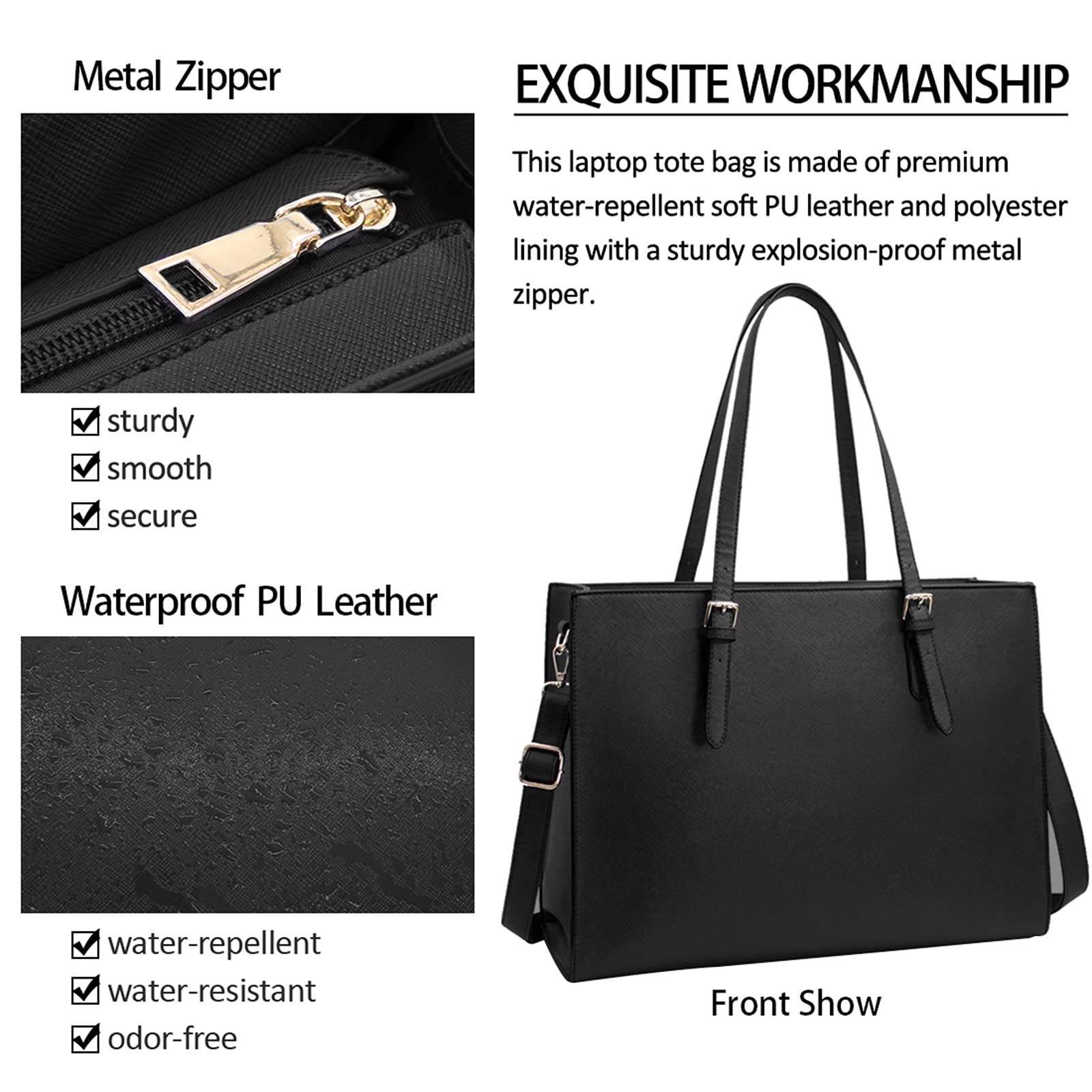 Geanta de laptop pentru femei, piele usoara, impermeabila, 15,6 inch, compartiment multiplu, umar unic, servieta eleganta si versatila, depozitare organizata, Negru