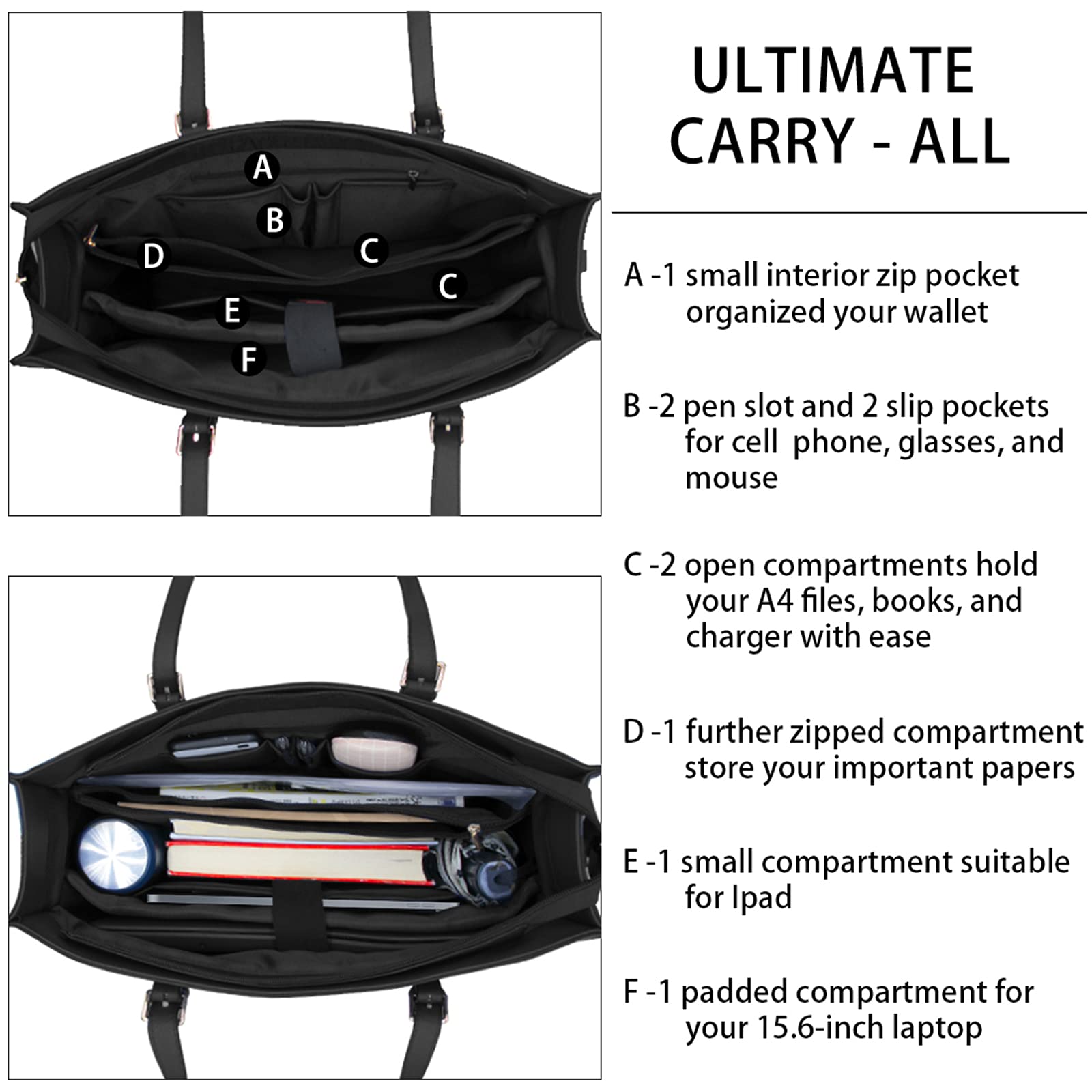 Geanta de laptop pentru femei, piele usoara, impermeabila, 15,6 inch, compartiment multiplu, umar unic, servieta eleganta si versatila, depozitare organizata, Negru