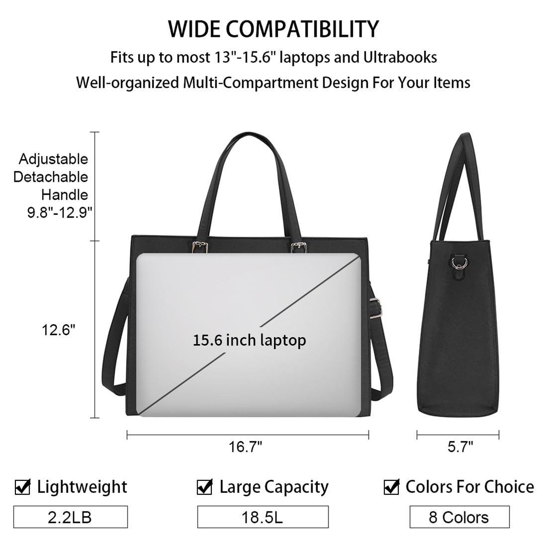 Geanta de laptop pentru femei, piele usoara, impermeabila, 15,6 inch, compartiment multiplu, umar unic, servieta eleganta si versatila, depozitare organizata, Negru