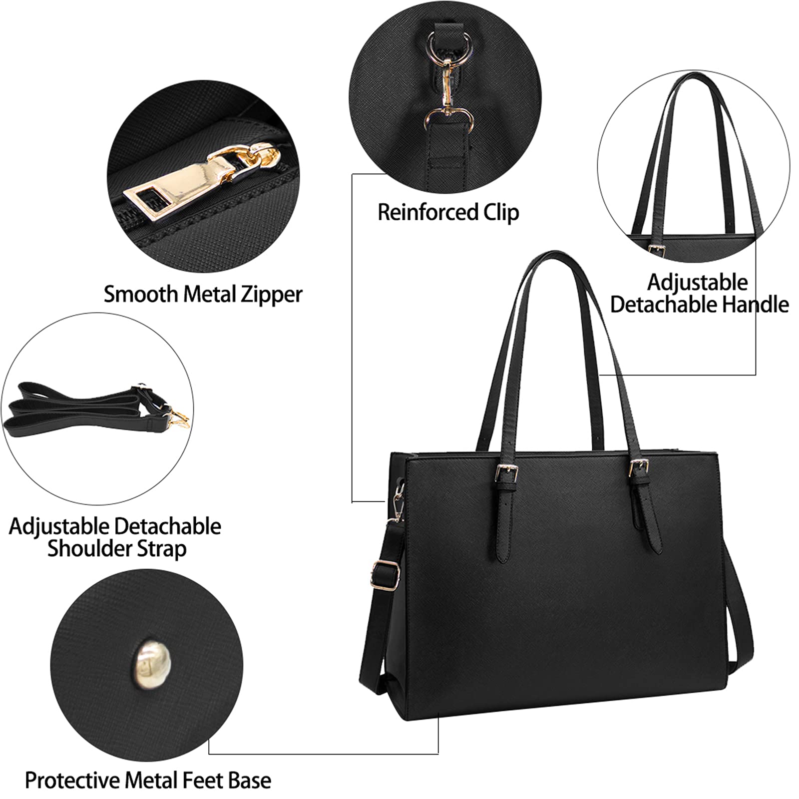Geanta de laptop pentru femei, piele usoara, impermeabila, 15,6 inch, compartiment multiplu, umar unic, servieta eleganta si versatila, depozitare organizata, Negru