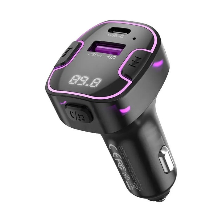 Modulator FM XO, 1xUSB A, 1xUSB Type-C, 15.5W, LED, BCC12, ABS, Negru