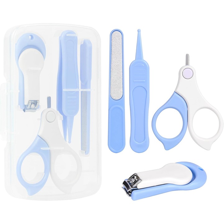 Set 4 piese pentru ingrijire unghii bebelusi, avand unghiera, pila ABS, forfecuta si penseta, portabil, Albastru