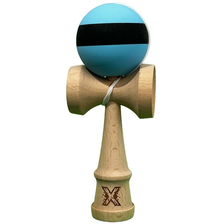 Kendama X Originala, Profesionala, Cyrax, din Lemn, 18 cm, Rubber Grip, Dungi Albastru/Negru