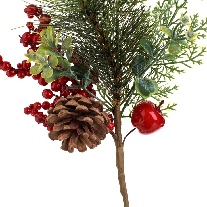 Fenyőág piros bogyókkal, almával és tobozokkal, karácsonyi dekoráció, 38cm