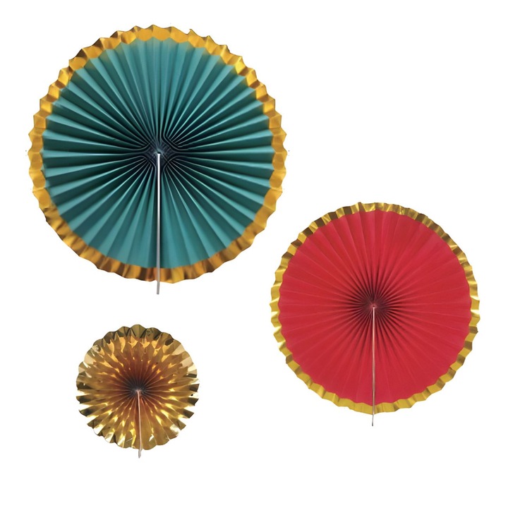 Evantaie decorative de craciun rosu verde auriu de 3 marimi - 3buc