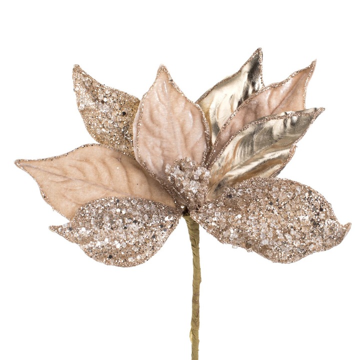 Floare artificiala craciunita bej catifelata cu margele transparente glitter bej 50cm