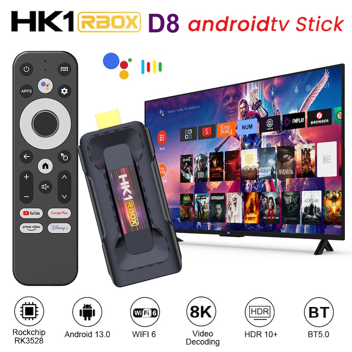 Медиен плейър HK1 RBOX D8 Mini TV Stick 32GB Android 13.0 WiFi6 BT 4K H.265 RK3528 Smart TV Dongle