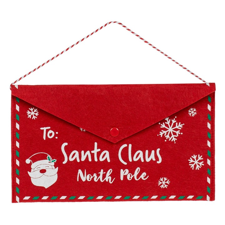 Plic din pasla rosie cu capsa mos craciun "to:santa claus" 27x16cm