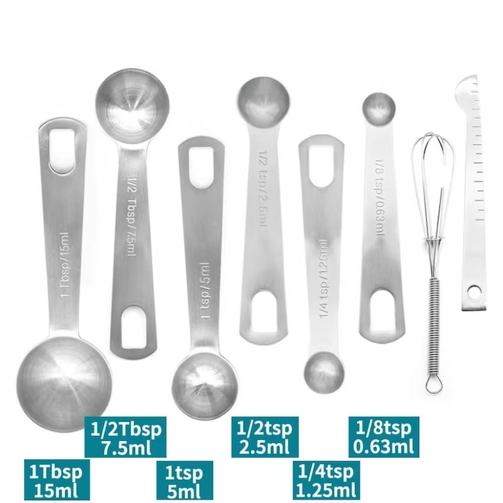 Lingura de masurat din otel inoxidabil, instrument de copt, lingura de masurat cu 8 piese (cu tija de amestecare + caliper)