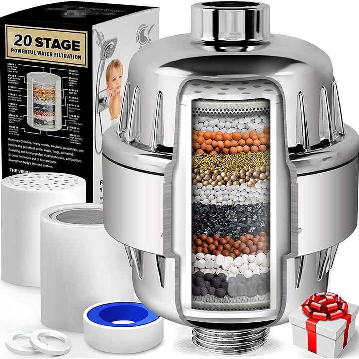 Филтър за вода за душ с 20 етапа на филтриране, Елиминира замърсяванията, металите, хлора и неприятната миризма, Инфузия с витамин C, 2 включени филтъра