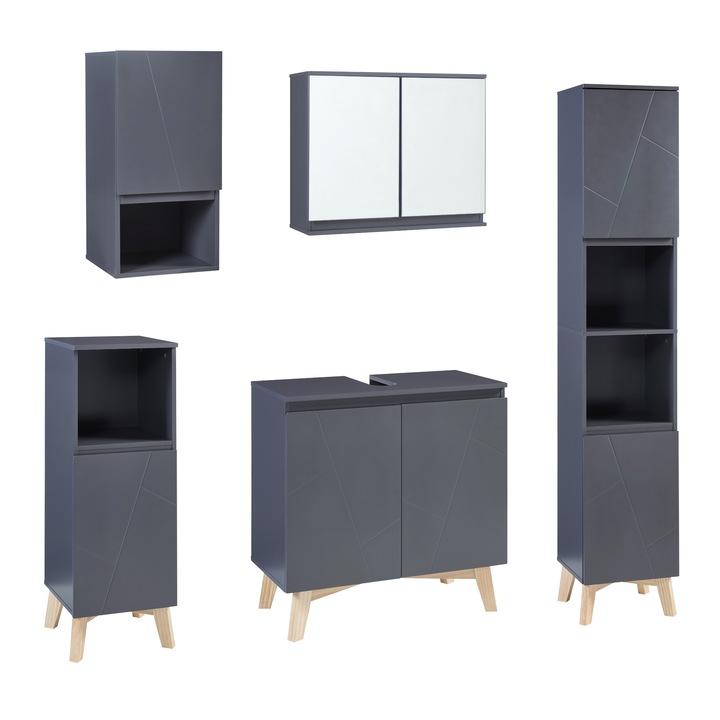 Set 5 componente mobilier baie, en.casa, Overath, 160 x 30 x 30 cm, mdf, pal, lemn, gri