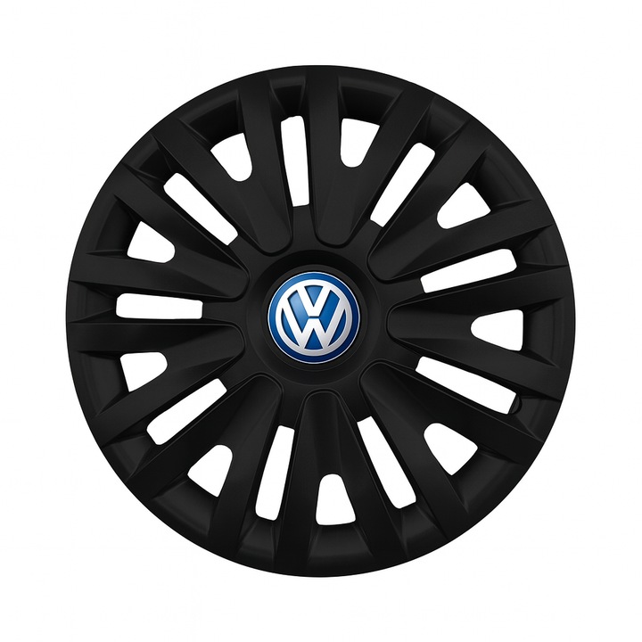 Set 4 Capace Roti R16 AutoSSF ®, Potrivite Jantelor de 16 inch, pentru VW, Model 412, Black Edition, Sigla Albastra