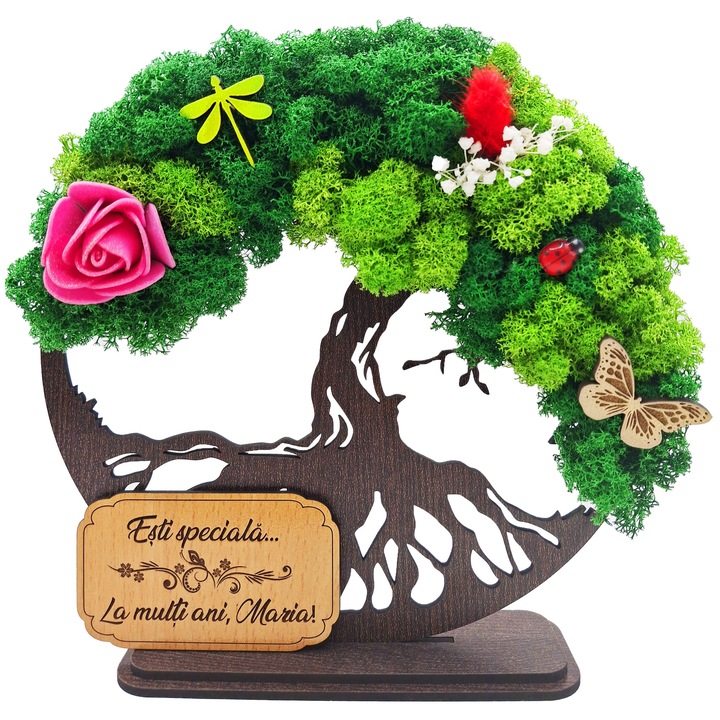 Cadou Special – Copacul Vietii cu Licheni Naturali Stabilizati, MDF, 20 cm, Wenge, mesaj Esti speciala, La