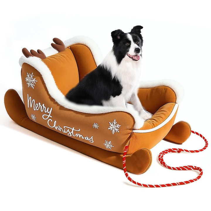 Culcus pentru caini si pisici, Tip Sanie de Craciun, MUGIM®, Moale si Confortabila, Cu saltea cu doua fete, 80x63cm, Maro/Alb