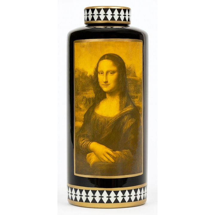 Dekoratív, henger alakú kerámia váza, rajta Leonardo da Vinci híres "Mona Lisa" festményével