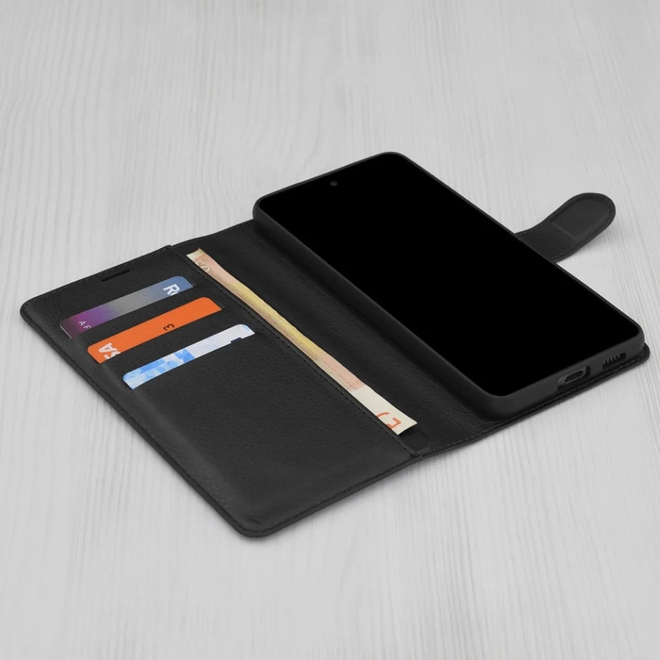 Husa pentru Motorola Moto G15 / Moto G15 Power, SKYDDAR INNOVATION, Leather Folio tip Carte, cu Portofel Interior, Finisaje Premium, set cu sticker, Negru