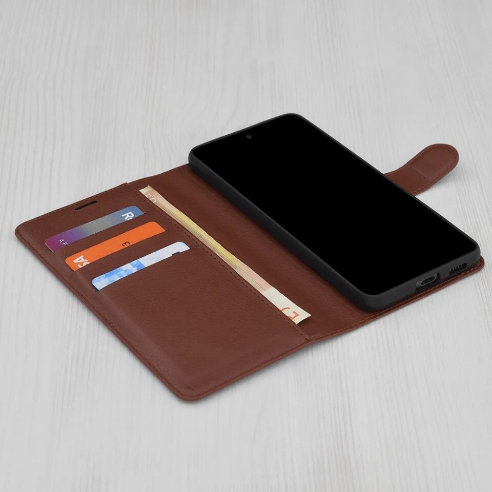 Husa pentru Honor Magic8 Lite, SKYDDAR INNOVATION, Leather Folio tip Carte, cu Portofel Interior, Finisaje Premium, set cu sticker, Maro