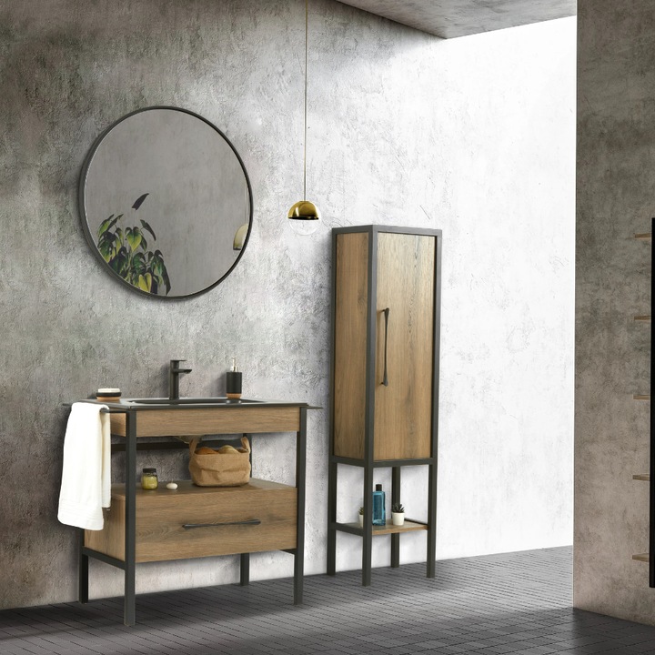 Set mobilier baie Woodline, 3 piese, 96 cm, maro