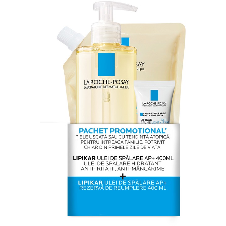 Комплект La Roche Posay: Lipikar измиващо масло AP+ пълнител 400 мл + Lipikar измиващо масло AP+ 400 мл