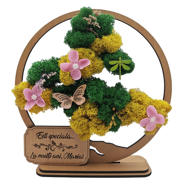 Cadou Special – Bonsai cu Licheni Naturali Stabilizati, MDF, 20 cm, Fag, mesaj,, Esti speciala''