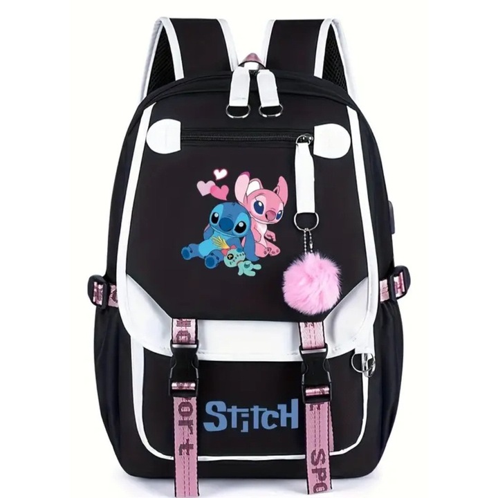 Nagy iskolai hátizsák öltésmintával, fekete-fehér, több rekesszel és állítható pántokkal