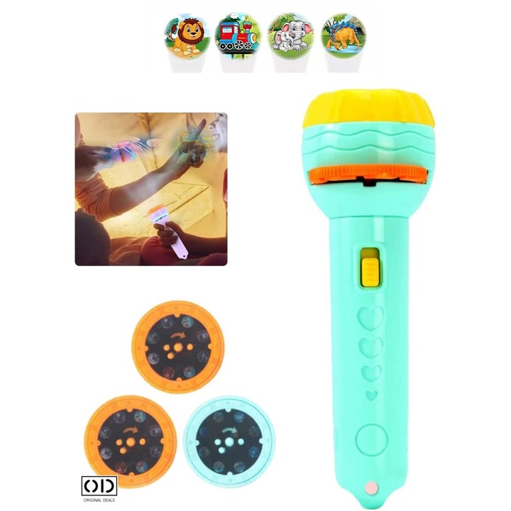 Mini Proiector de Mana, tip Lanterna, pentru Copii, 3 Discuri Holografe Incluse cu 24 Imagini, Dimensiune 11.5 x 3.5 cm, PVC, Multicolor, ORIGINAL DEALS