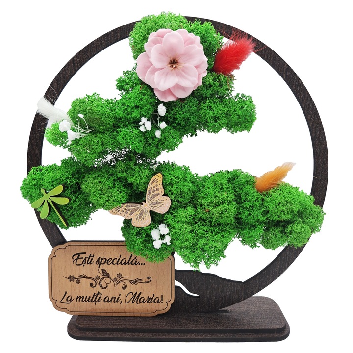 Cadou Special – Bonsai cu Licheni Naturali Stabilizati, MDF, 20 cm, Wenge, mesaj Esti speciala