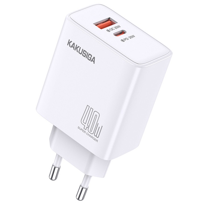 Adaptor KSC-936, Retea EU, Incarcare rapida 40W, USB + Type-C, Alb