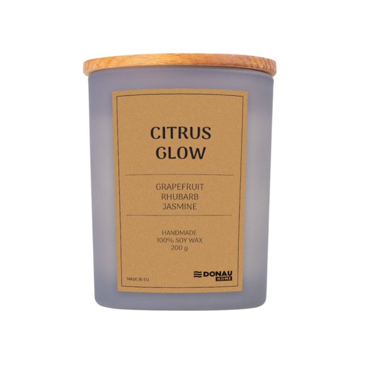 Свещ в стъклен контейнер, с капак, 200 гр, 40 часа време на горене, Donau Home - Citrus Glow