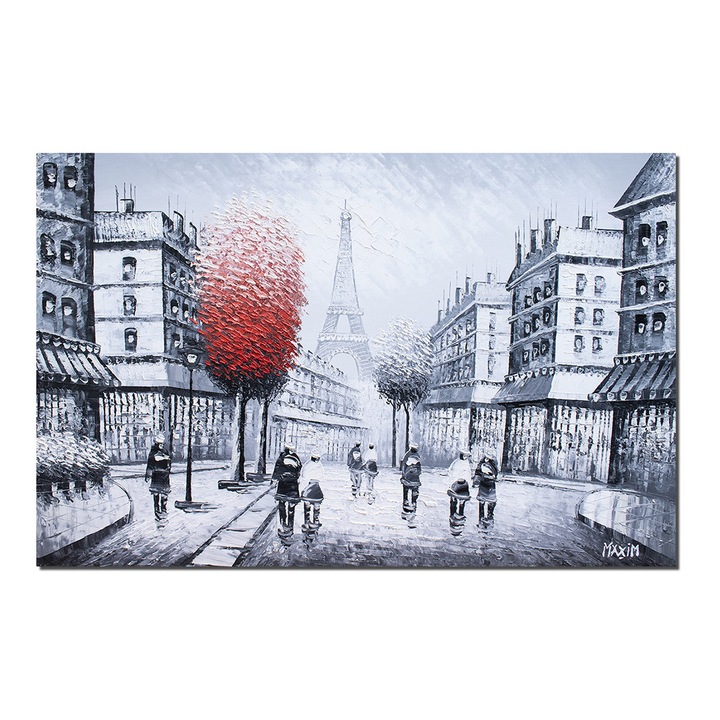 Tablou Paris pictat manual, 90x60cm ulei pe panza in cutit efect 3D