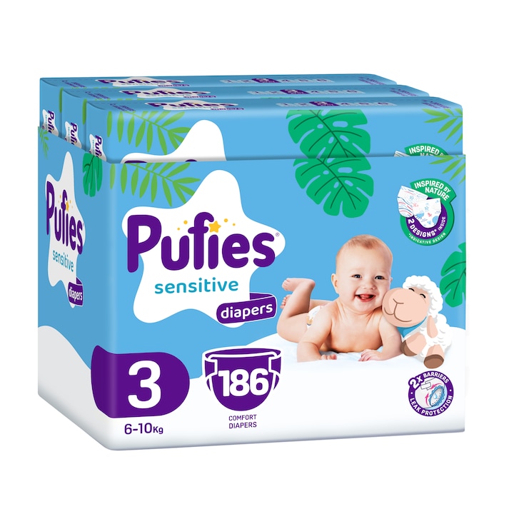 Пелени Pufies Sensitive, Размер 3 Midi, 186 броя, 6-10 кг, Maxi pack x 3