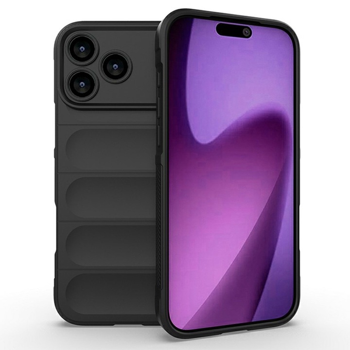 Mikroszálas szilikon tok Apple iPhone 17 Pro készülékhez, OPTIM SOLUTION, katonai szintű ellenállás, ujjlenyomat-taszító, rugalmas TPU, fekete