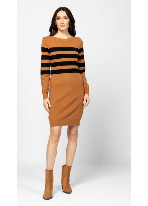 Rochie Heavy Tools tricotată pentru femei, decolteu rotund, dungi, caramel, mărimea S