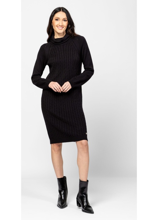 Rochie Heavy Tools tricotata, neagră, lungime până la genunchi, maneci raglan, mărime XS