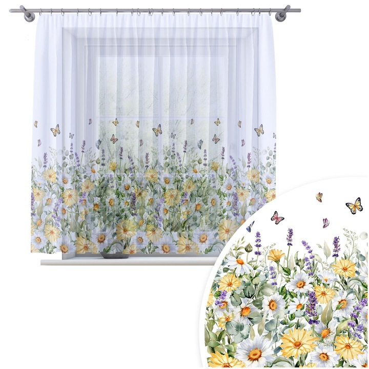 Perdele, Homeview, 200x150 cm, Pentru camera de zi si dormitor, Cu banda de incretire, Decorativ, Montaj usor, Poliester, Alb cu imprimeu, model 807